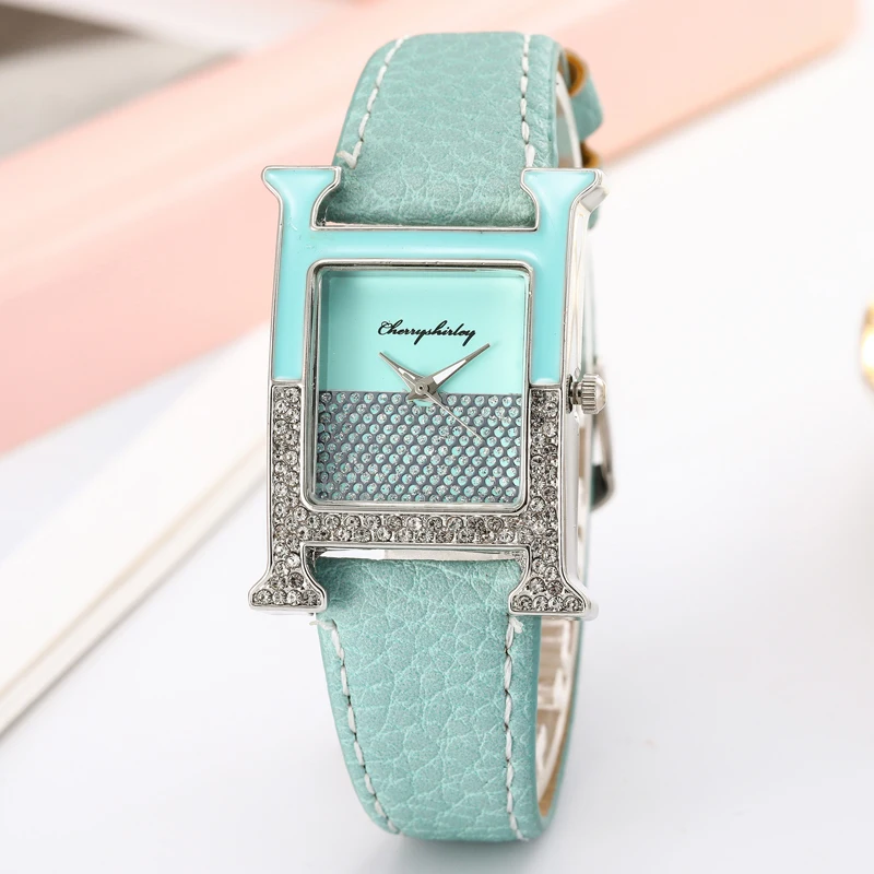 

New Women Watch Square Letter H Design Watch Ladies Leather Quartz Watch Luxurious Silver Rhinestone Female Casual Watches