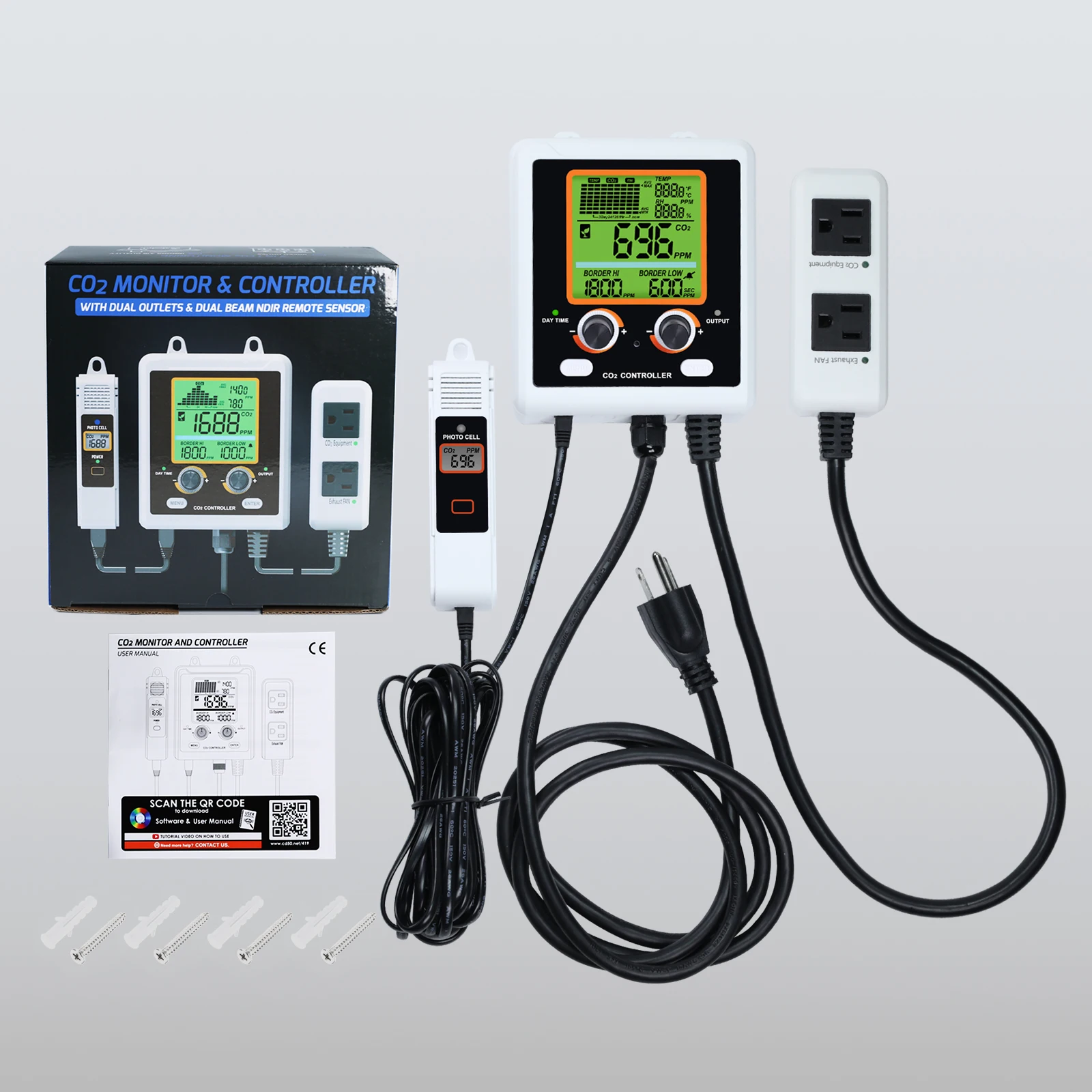 Imagem -02 - Medidor de Co2 Controlador Detector Qualidade do ar Saída Dupla com Sensor Ndir Remoto de 15 Pés Modo Planta Humana para Estufa Cogumelo Etc
