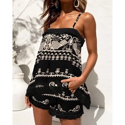 Vintage Women Retro Tribal Print Tassel Trim Cami Top & Shorts Set Casual Femme 2 Piece Cami Top Set Summer Daily Boho Vacation