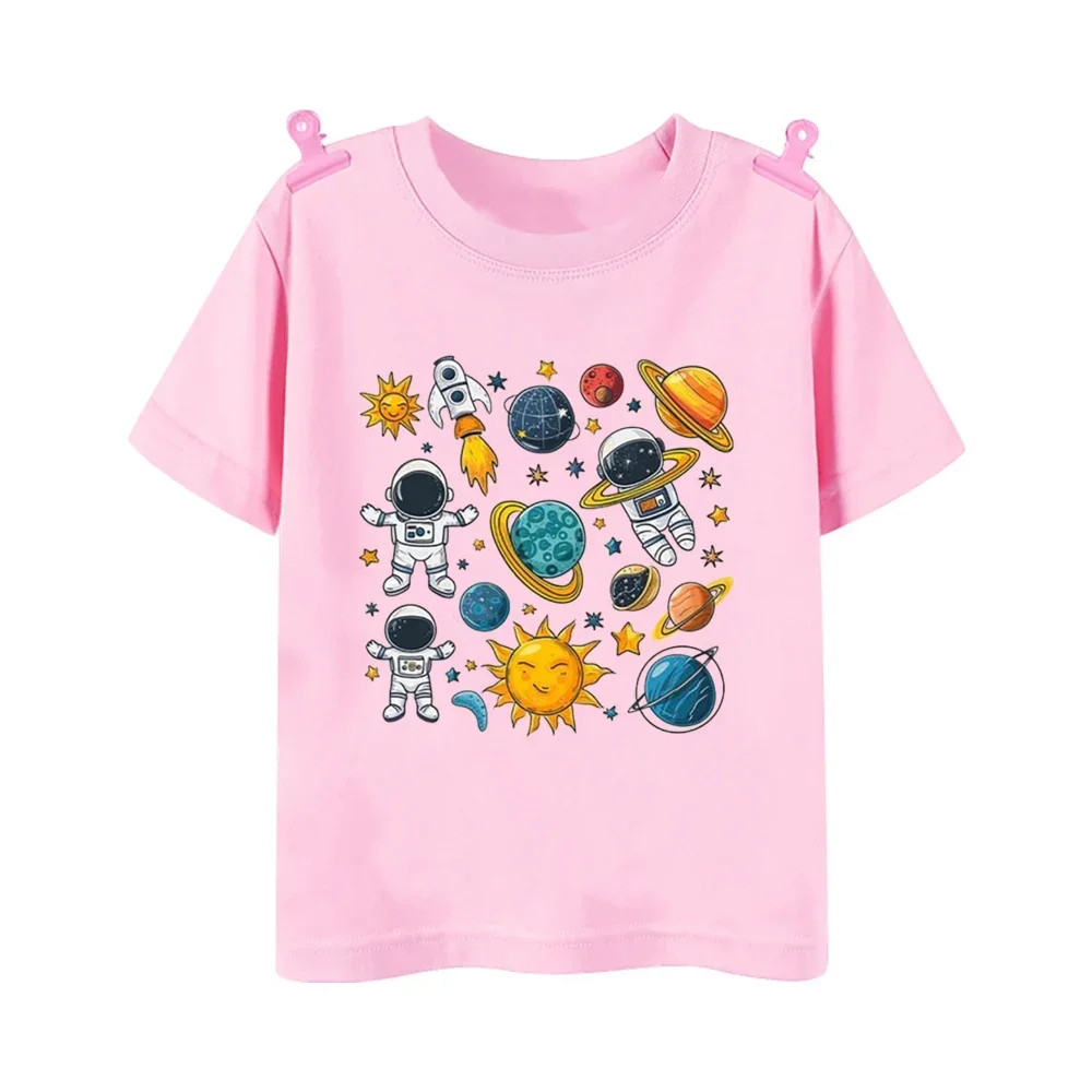 Space Planet Astronaut Cartoon Pattern Summer Children's T-shirt Short Sleeved Round Neck Top Children's Boys and Girls Clothing