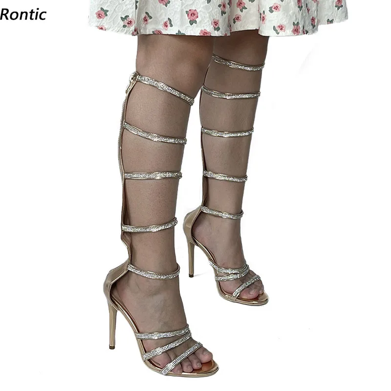 

Rontic/женские летние сапоги-гладиаторы ручной работы, пикантные туфли на шпильке со стразами и круглым носком, вечерние туфли цвета шампанского, размер США 5-20