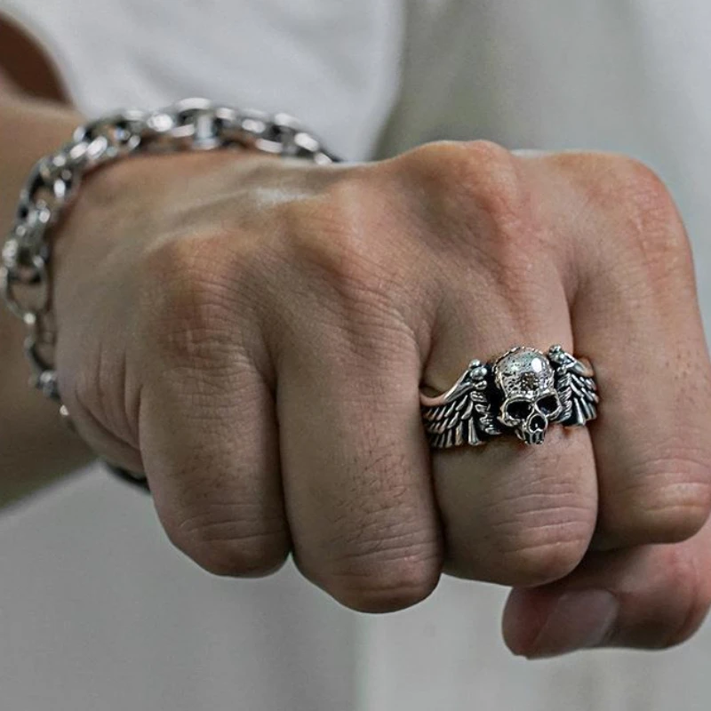 1pcs Trendy Vintage Punk Style Rings for Men Hip-hop Personality Wings Skull Open Rings Party Decor