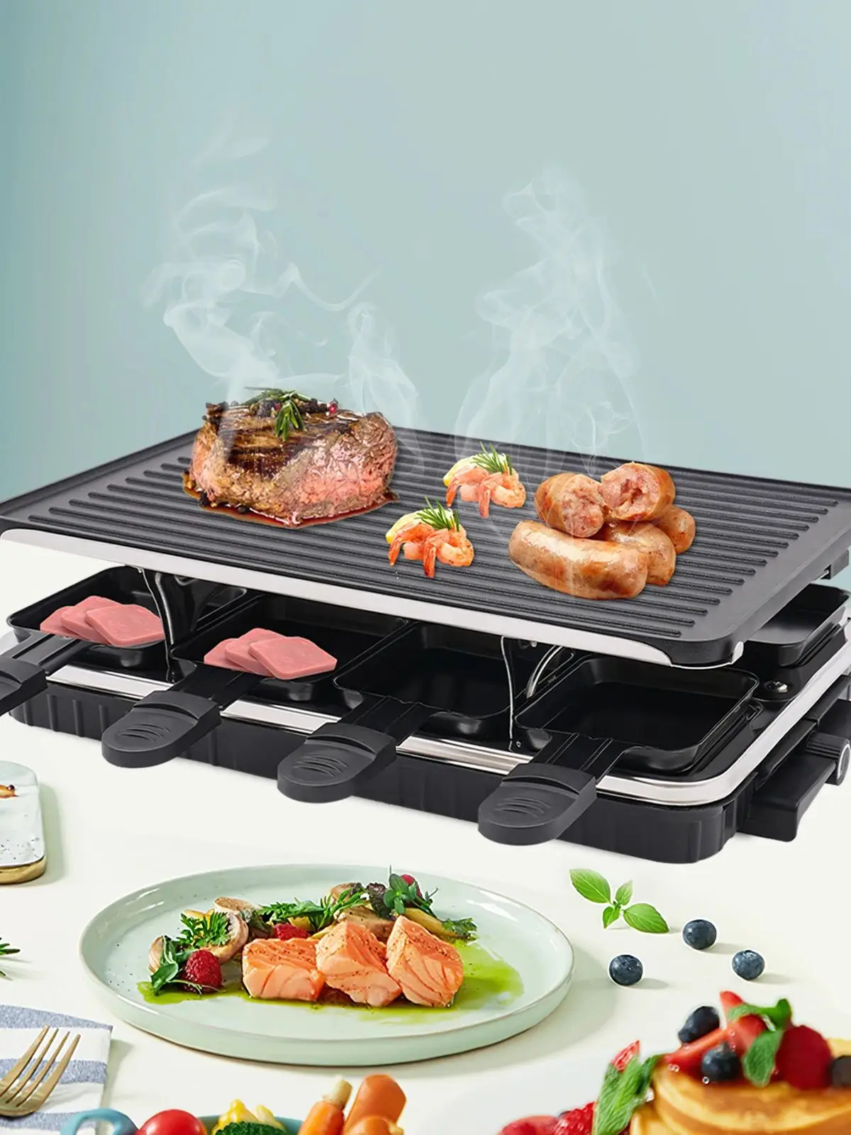 Gril de Barbecue électrique 1300w avec 9 plateaux de cuisson, gril de Barbecue coréen avec revêtement antiadhésif noir pour fête, Patio, Restaurant
