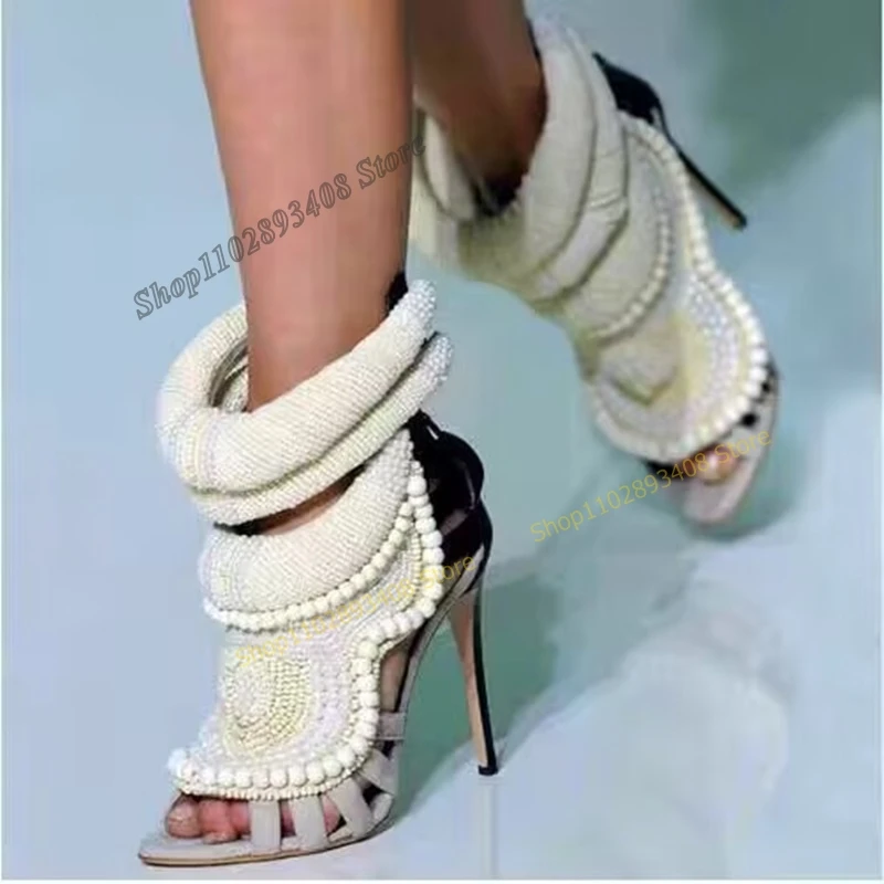 

White Color Weave Pearl Decor Sandals Peep Toe Back Zipper Stilettos High Heel Women Shoes 2023 Fashion Sexy Zapatos Para Mujere