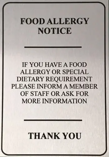 Food Allergy Safety Notice Metal Signs Printed A4A5 SILVER Plaque Shop Cafe Pub