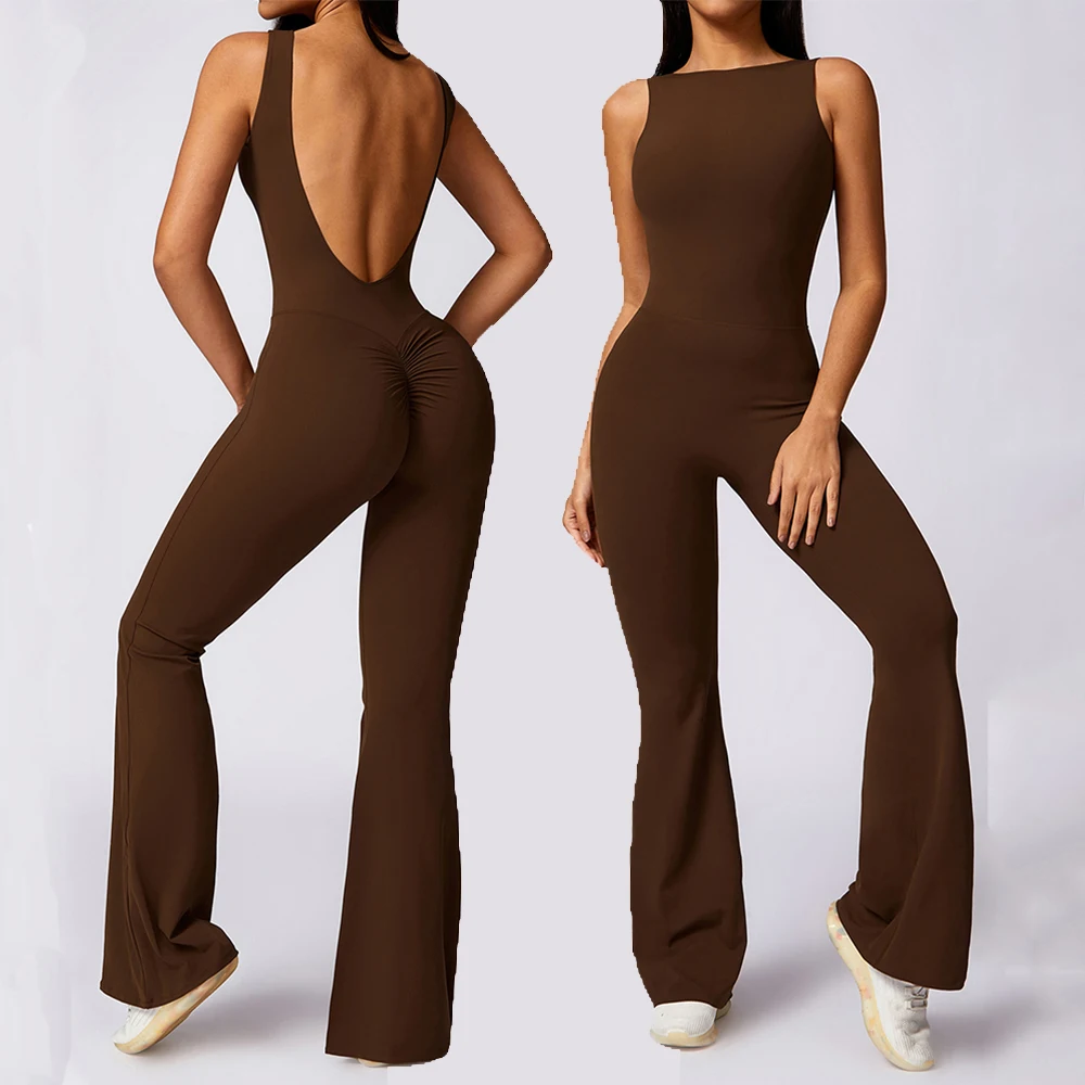 

Женские спортивные костюмы, сексуальный комбинезон с открытой спиной, комплект с подтяжкой ягодиц, цельный боди без рукавов, спортивная одежда, спортивные расклешенные брюки, комбинезоны