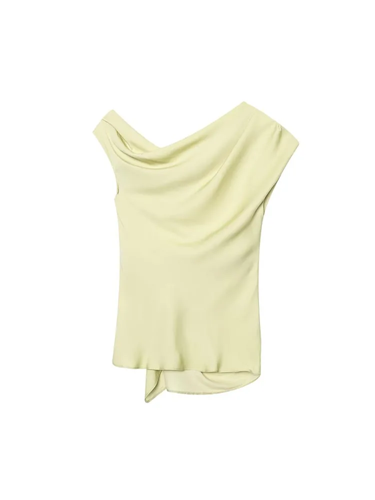 2025 damskie letnie podkoszulki na ramiączkach moda solidna plisowana asymetryczna satynowa kobieca elegancka odzież uliczna