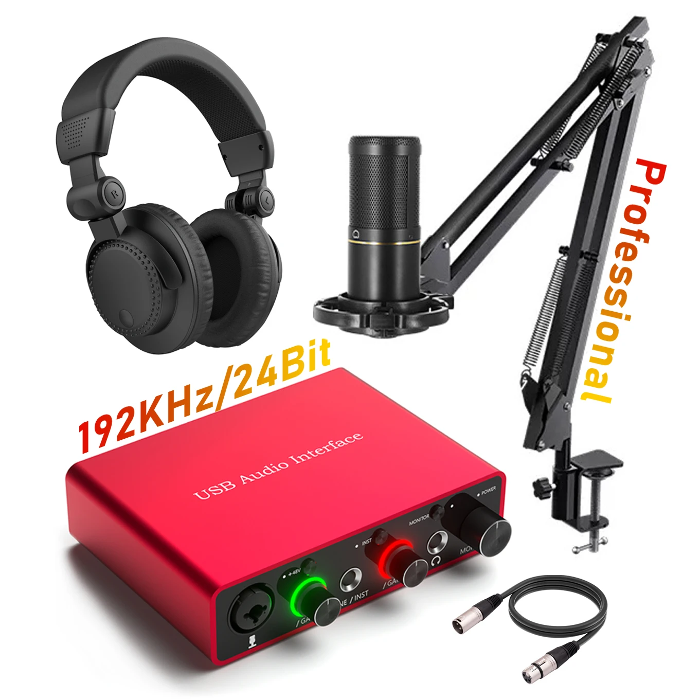 Professional Studio Condenser Microphone Monitor Headphone USB Audio Interface Sound Card Bundle Kit Podcast Recording Solo Vlog