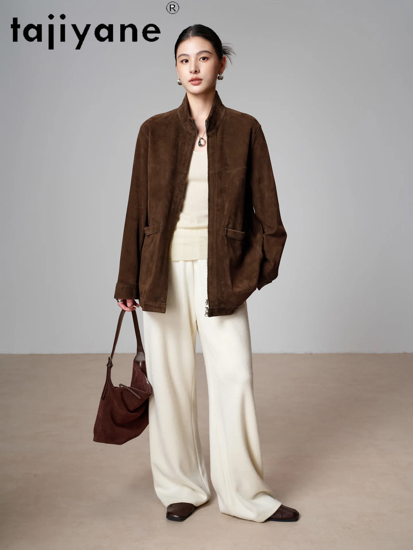TAJIYANE Suede Goatskin Genuine Leather Jacket Woman Stand Collar Loose Coat Unlined Mid‑Length Coats Autumn Women Clothing 2026