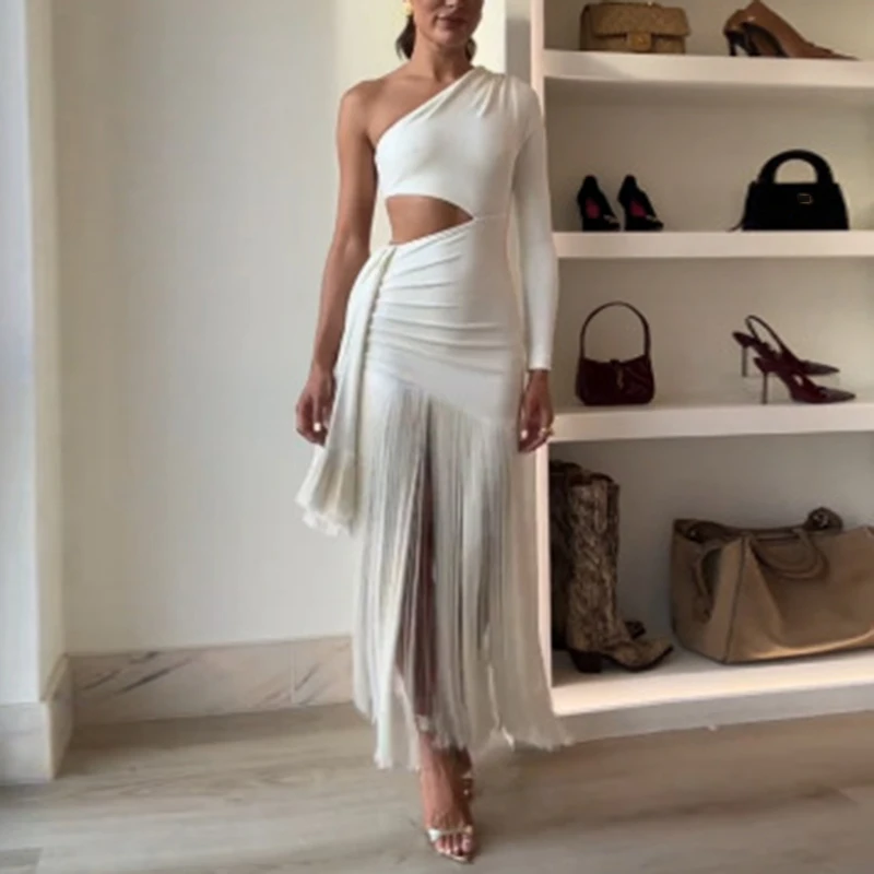 Irregular Ruched Sexy Maxi Dress For Women One Shoulder Sleeveless Hollow Out Long Dress Slim High Waist Backless Tassel Dresses