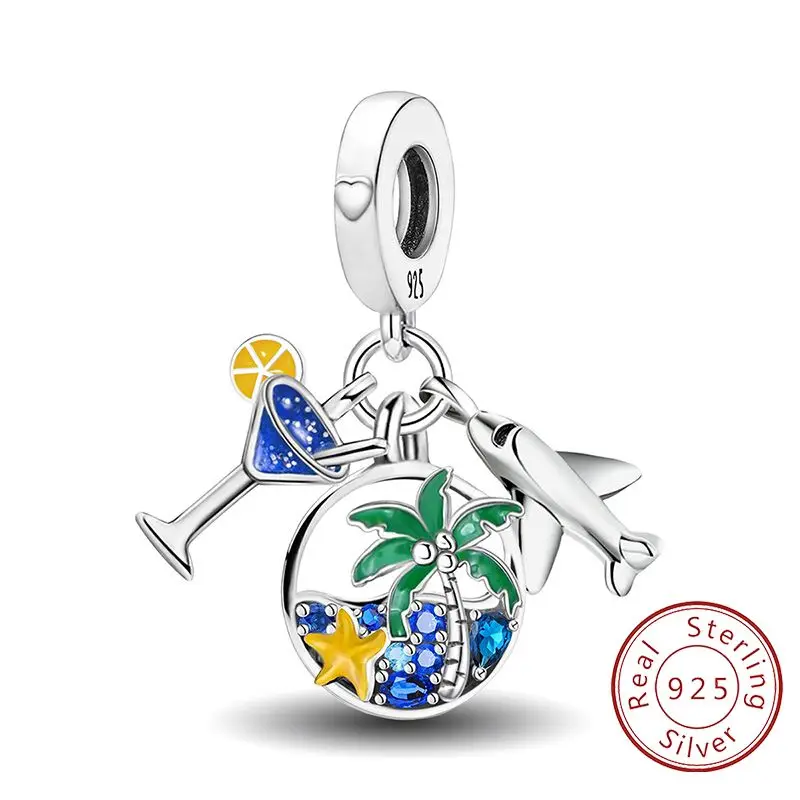 

925 Sterling Silver Ocean Coconut Tree Cocktail Pendant Charms Beads Fit Diy Bracelet Bangle Making Gift Of High Quality Jewelry