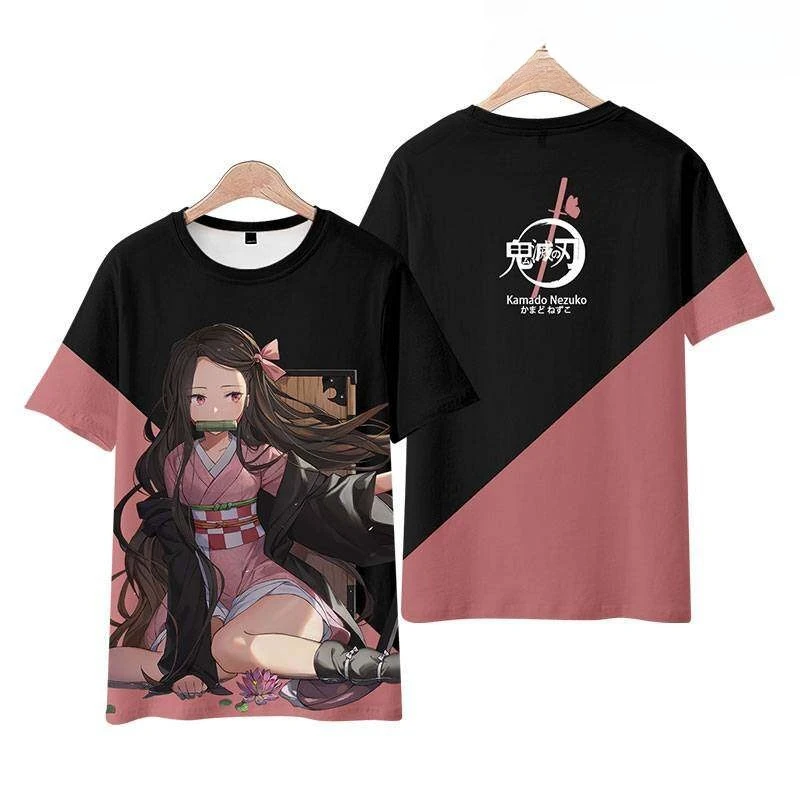 Camiseta con estampado 3D de Anime Demon Slayer para hombre, camiseta gráfica de personaje Kamado Nezuko con diseño de Kanji japonés y elementos florales