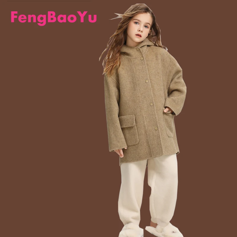 Autumn Winter Double-sided Cashmere Children's Hooded Coat Woolen Mid-length Coats for Baby Boys Girls are Fashionable Simple