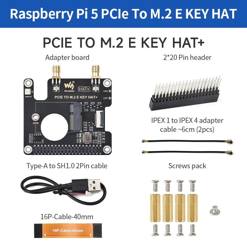 

PCIe To M.2 E KEY HAT+ Board Compatible With NGFF (M.2 E Key) Wireless NIC Support USB Bluetooth Connection For Raspberry Pi 5