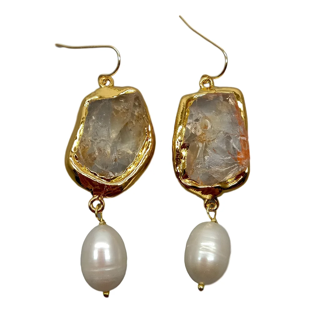 

Y·YING Natural Citrine Raw Rough nugget Cultured White Rice freshwater Pearl Hook Earrings
