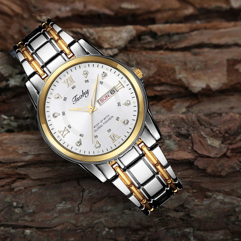 Klassieke alles-in-één knappe trend herenhorloge persoonlijkheid casual jeugd stalen riem duurzaam dubbel kalendernummer eenvoudige mannen