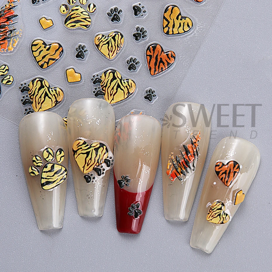 5D New Leopard Print Nail Stickers Heart Claw Nail Supplies Decals Leopard Designs Tattoo Adhesive Sliders Manicure Decoration