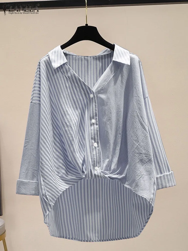 Women Summer Long Sleeve Striped Blouse ZANZEA Vinatge OL Work Shirt Female V Neck Asymmetrical Hem Blusas Elegant Loose Chemise