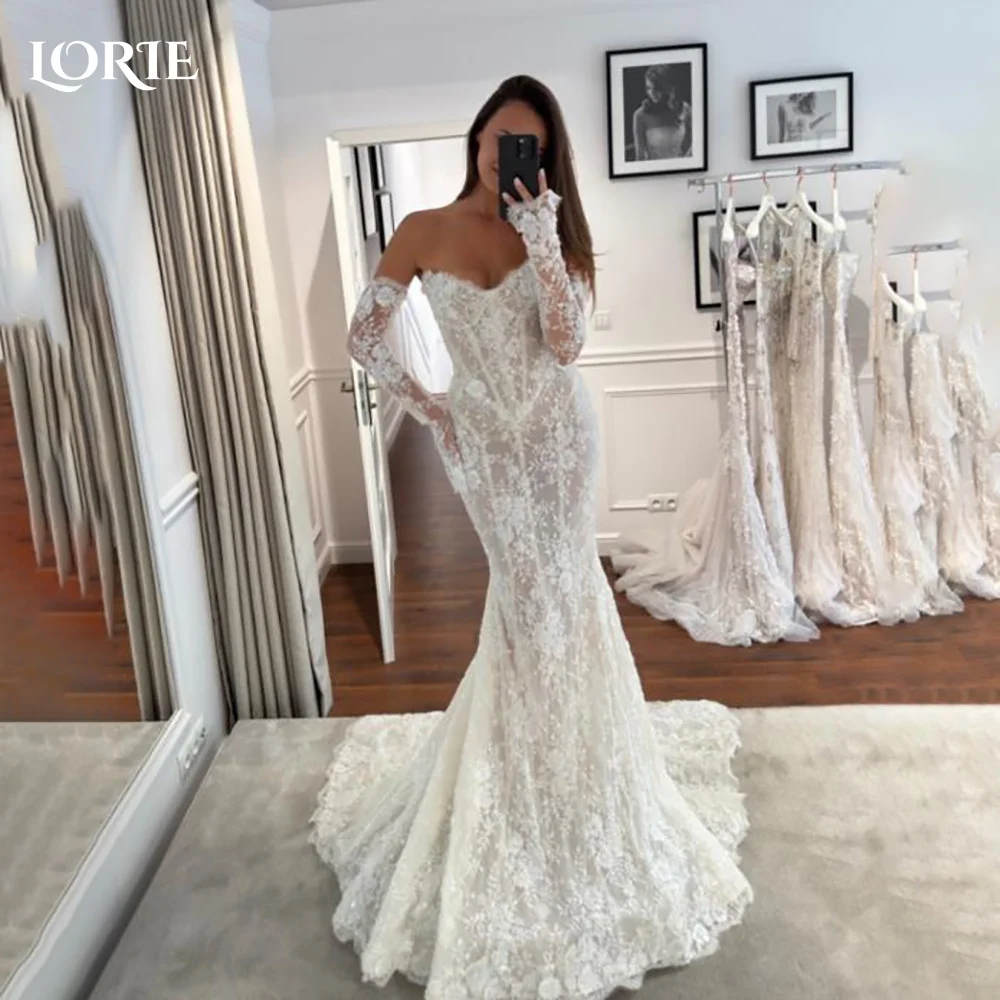 LORIE Empire Lace Mermaid Wedding Dresses Long Sleeve Sweet Off Shoulder Appliques Bridal Gown Backless Bride Dress Customized