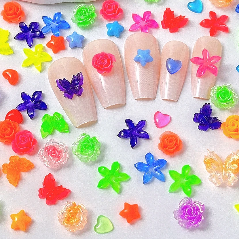 50PCS Fluorescent 3D Acrylic Flower Nail Art Butterfly Accessories Heart Charms For Nails Decoration Manicure Material Supplies