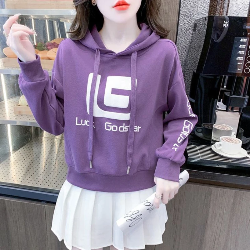 Spring Autumn Women\'s Clothing Geometric Printing Pullover Drawstring Hooded Lantern Long Sleeve Casual Fashionable Loose Tops