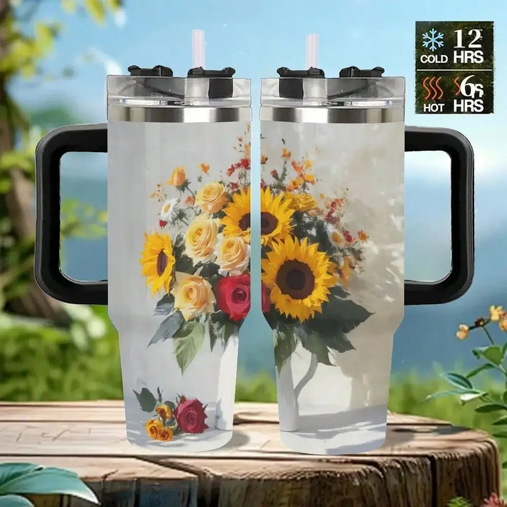 

Sunflower Rose Bouquet Vase Tumbler Double Wall Vacuum Insulated Travel Mug With SpillProof Lid Perfect Gift For Dad, Mom Loved