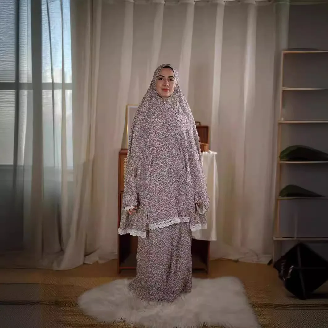 Robe de mode musulmane vêtements musulmans robe de prière islamique Ramanda impression femmes deux pièces prière Abaya dubaï femmes robes