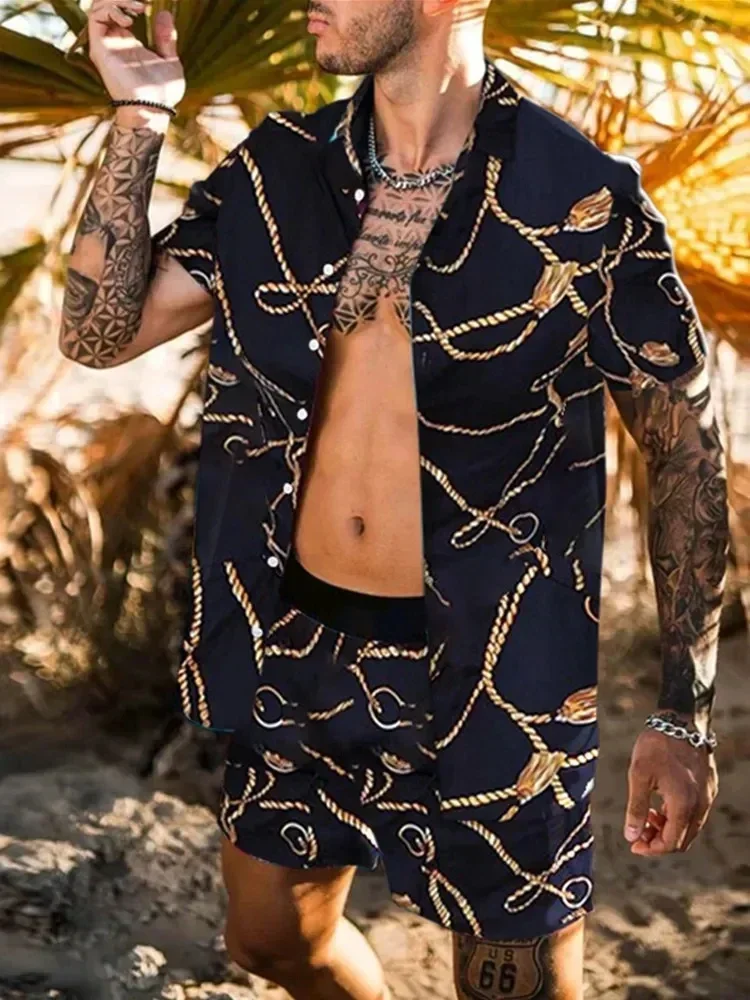 2024 uomini hawaiani 2 pezzi set estate stampa 3D camicia a maniche corte pantaloncini con bottoni da spiaggia camicia Streetwear abito a due pezzi