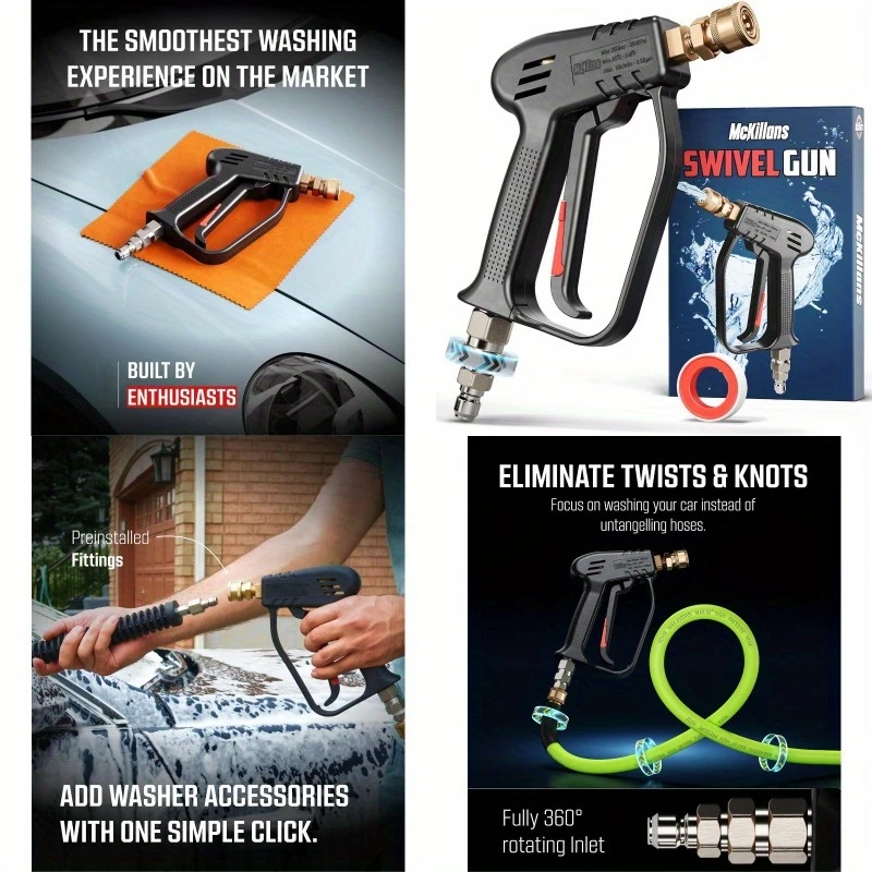 

Пистолет-распылитель высокого давления, ременный разъем 3/8 дюйма и быстроразъемный фитинг 1/4 дюйма — 360° ° Вращающаяся насадка, автомойка、Fo