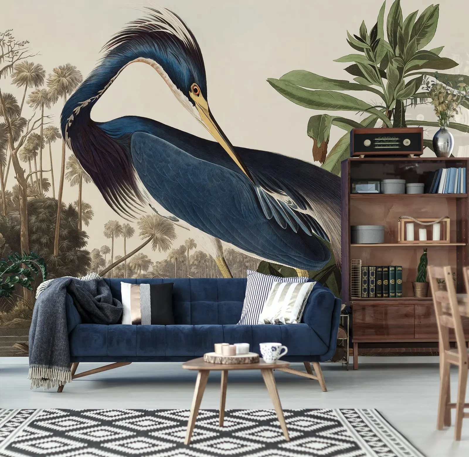 Blue Heron Wallpaper Mural, Vintage Animal Large Mural Wallpaper, Bird Print Wall Mural For Room Decor, Retro Style Wall Decor