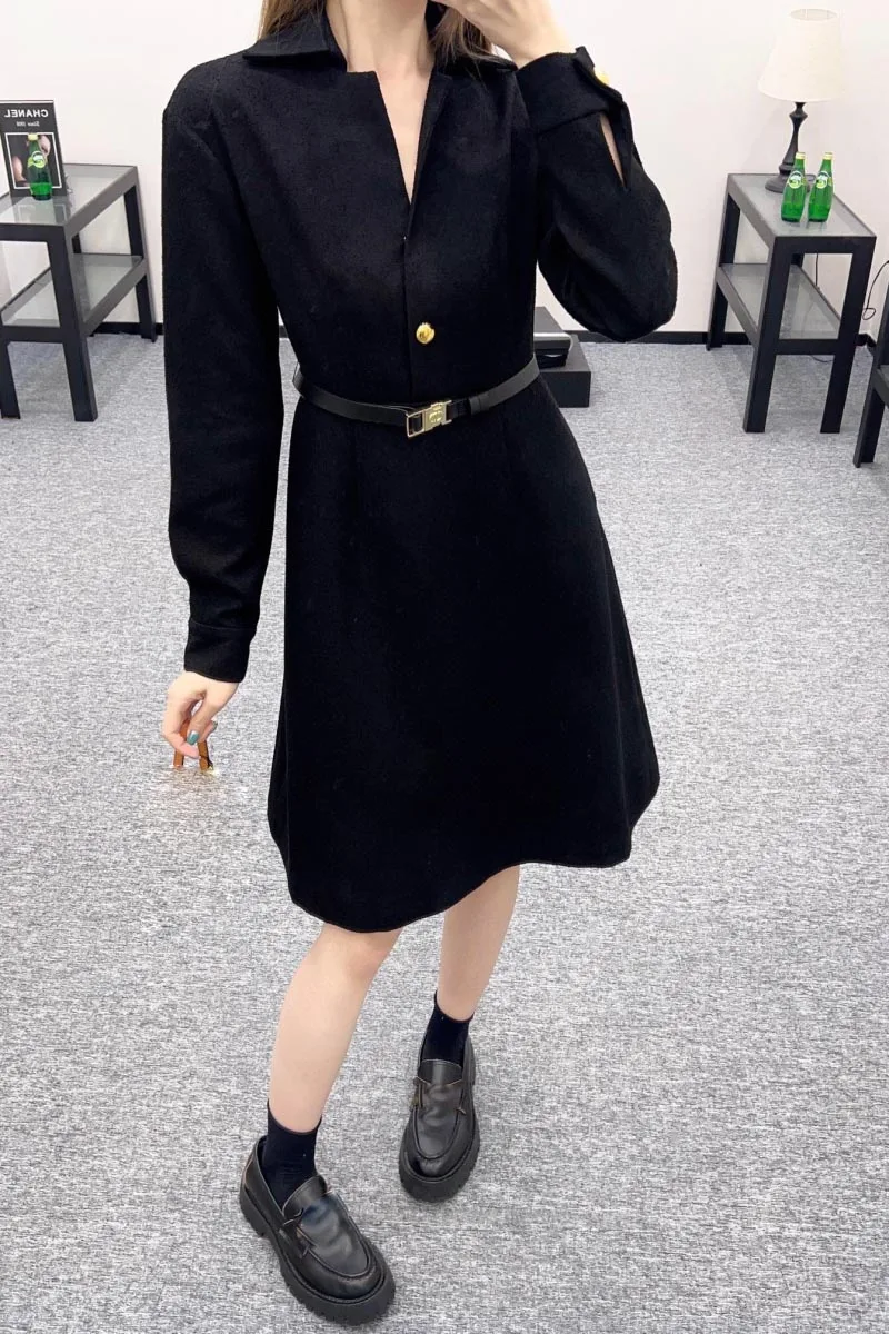 2024 Autumn New Women's Dress Fashion British Style Women's Suit Collar Belt Banquet Dress Long Sleeve Skirt