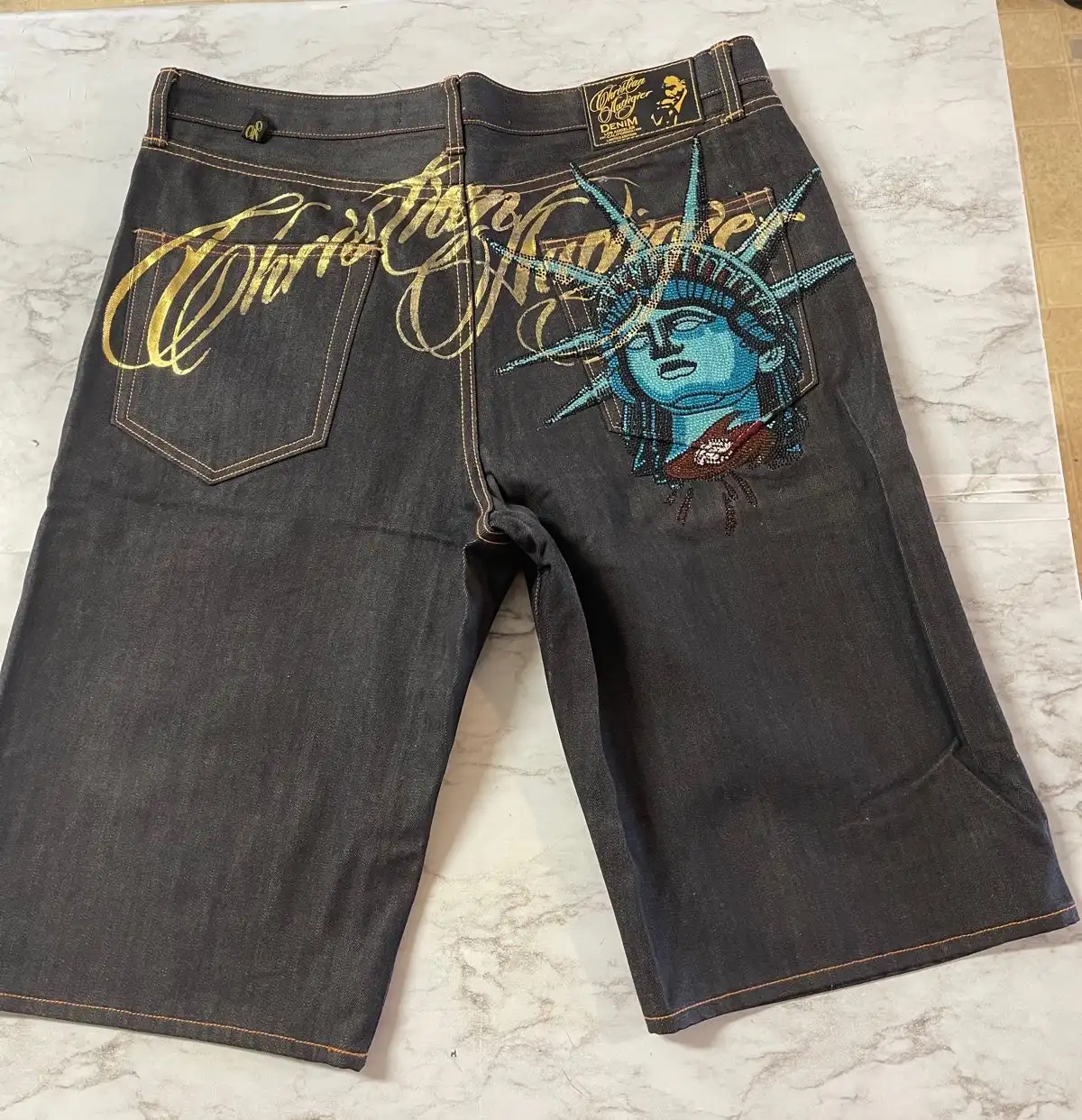 Y2k estátua da liberdade diamantes shorts femininos hip hop streetwear calças de brim curtas feminino solto vintage clássico casual denim shorts