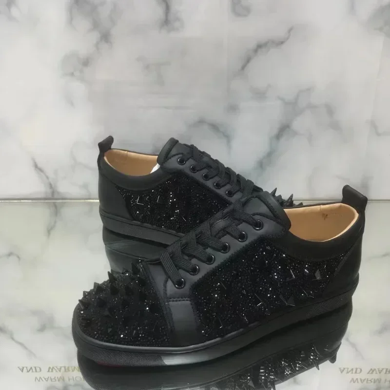 

Fashion Low Cut Shoes For Men Luxury Trainers Driving Spiked Bar Female All Black Crystal Messy Rivets Suede Genuine Leather