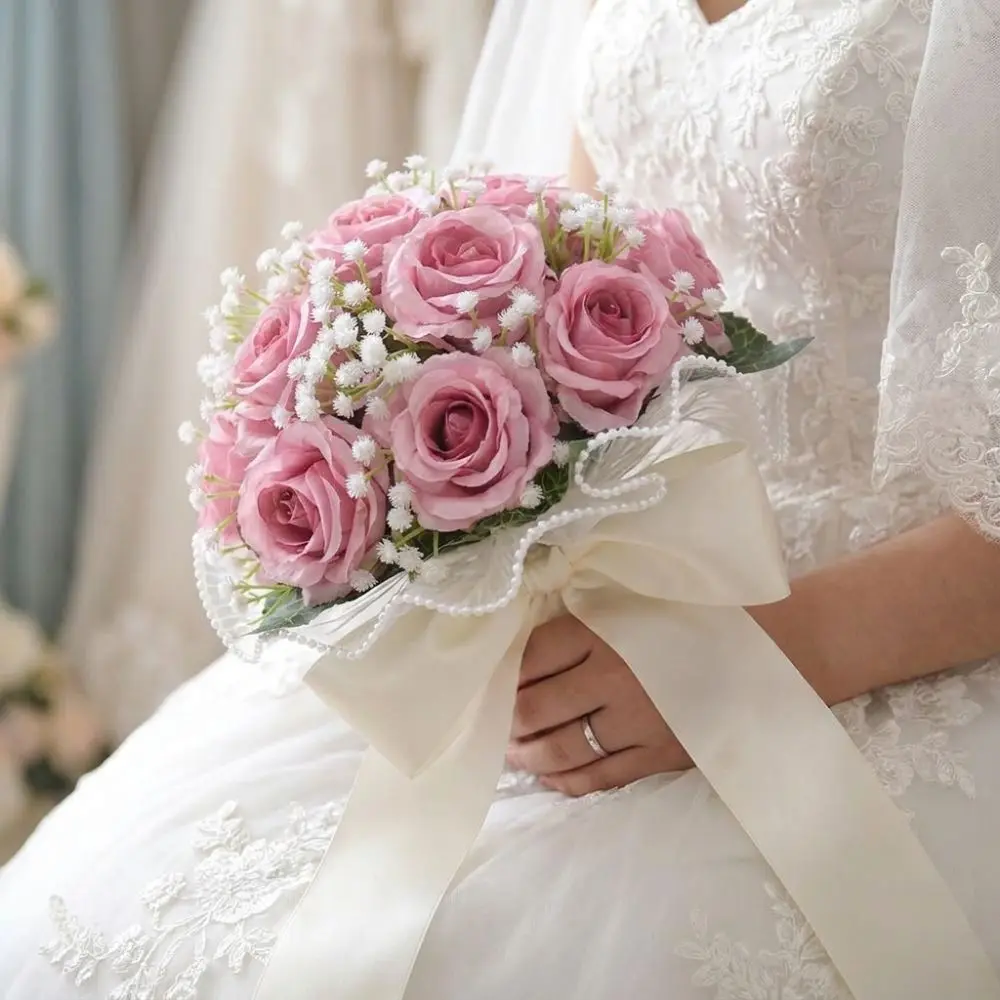Baby's Breath Romantic Wedding Bouquets Artificial Silk Flowers Ribbon Bridal Bouquet Exquisite Pearl Lace White Rose Bouquet