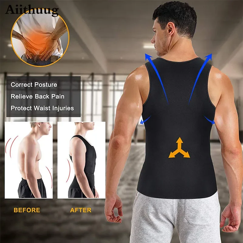 Aiithuug Men Sauna Suit Tank Top Waist Trainer Body Shaper Corsets Gym Sports Workout Silver Heat Trapping Sweating Suits Shape