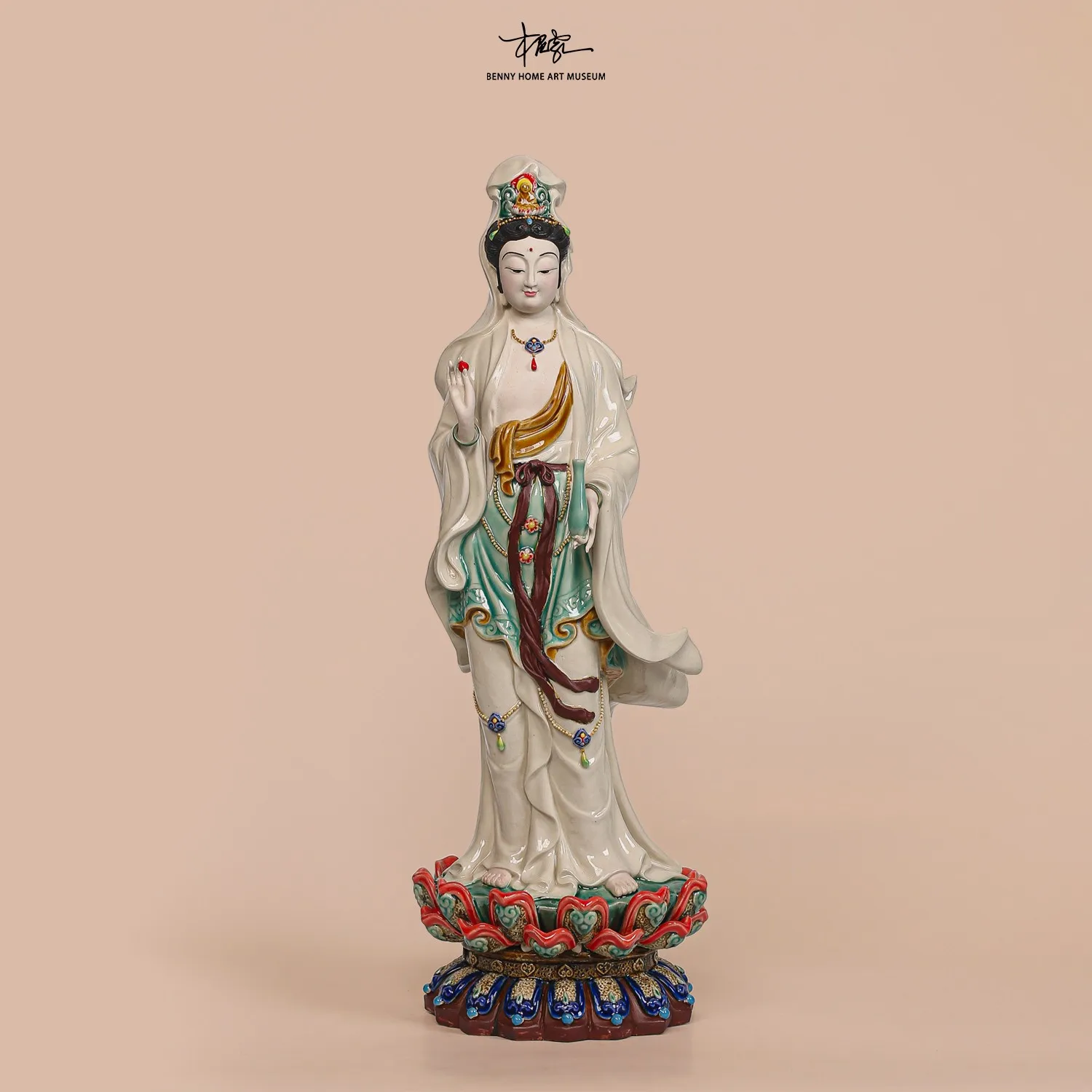

2025ZW5 Intangible Cultural Heritage Handmade Stone Bay Ceramics Guanyin Bodhisattva Buddha Statue Lotus Seat Battle Statue Cera