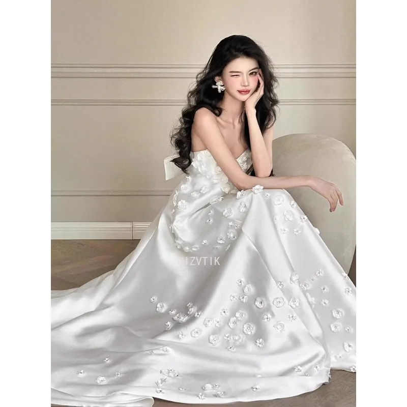 Witte Luxe Trouwjurken Vrouw Een Lijn 3D Bloemen Mouwloze Bruidsjurken Strapless Prinses Formele Party estidos De Noche