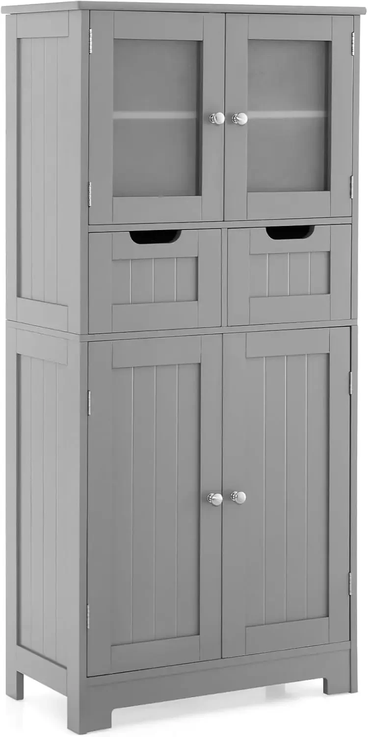 Tall Bathroom Storage Cabinet, Freestanding Floor Cabinet w/ 2 Double Door Cabinet & 2 Drawers, 3-Position Adjustable Shelves, B