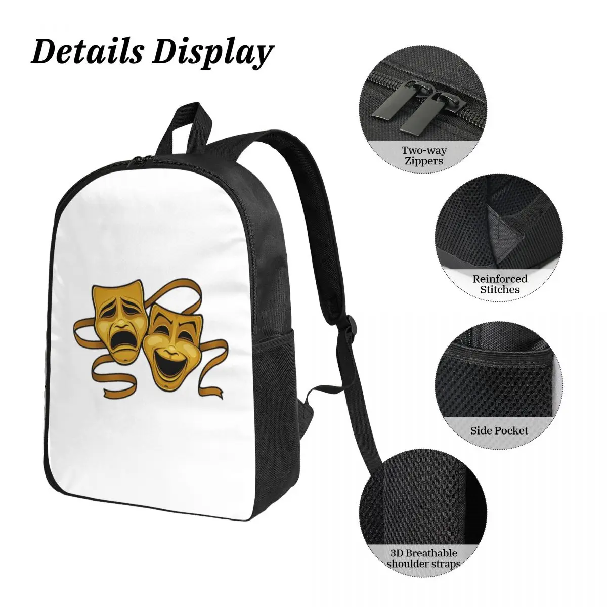 Gold Comedy And Tragedy Theater Backpack Boys Girls BookBag School Bag Laptop Shoulder Bags 3ps Insulated Lunch Bag Pencil Case view 3
