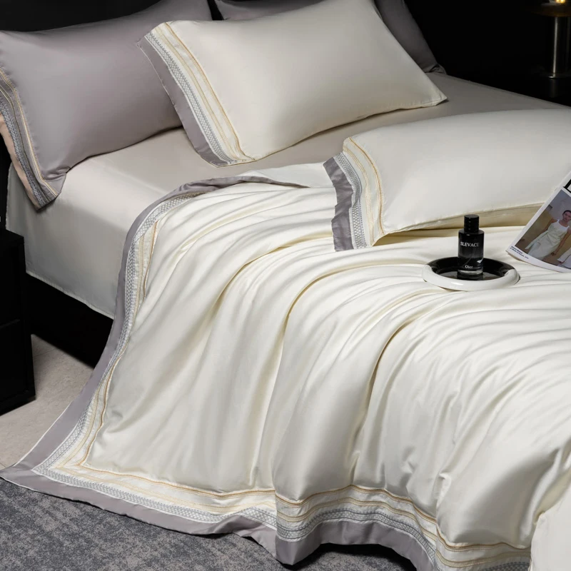 Luxury Hotel Style 600TC Egyptian Cotton Bedding Set Wide Border Embroidery Duvet Cover Flat Sheet/Fitted Sheet Pillowcases 4Pcs