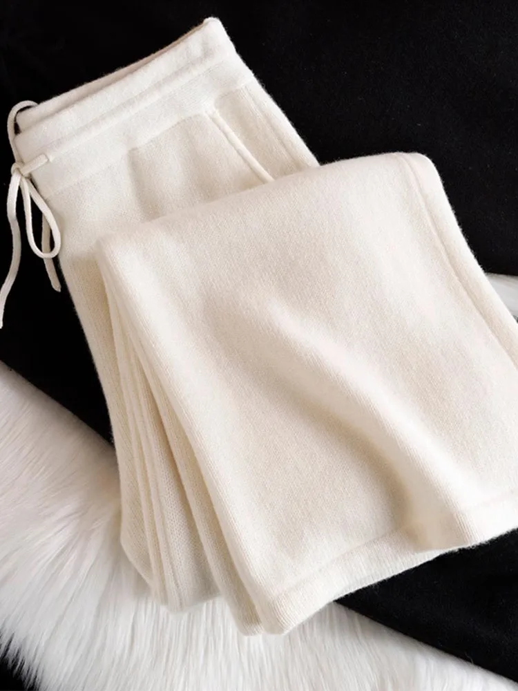 High Waist Straight Leg Knitted Casual Pants Women's Autumn Winter Loose Drawstring Sweater Wide Leg Pants Elegant White