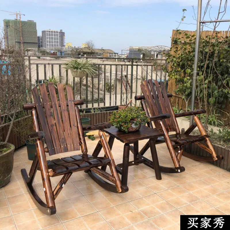 Outdoor Patio Adirondack Wood Bench Chair Rocking Chair Contemporary Solid Wood Log Deck Garden Furniture Single Rocker Chair