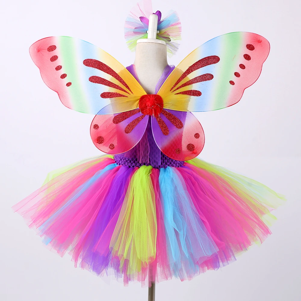 Rainbow Fairy Tutu Dress for Girls Kids Halloween Costumes with Butterfly Wings Princess Dresses Outfit for Birthday Party Gifts