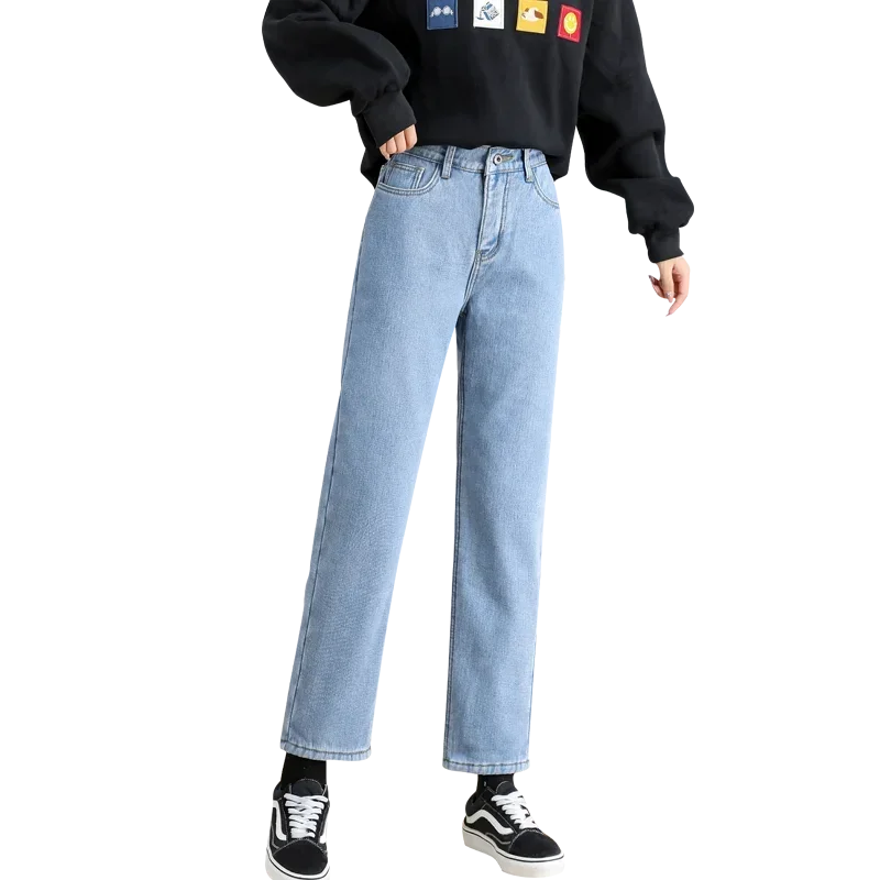 شتاء جديد إمرأة سميكة المخملية مستقيم الجينز موضة عالية الخصر بنطال ذو قصة أرجل واسعة الجينز الإناث المخملية عادية الدافئة سراويل جينز