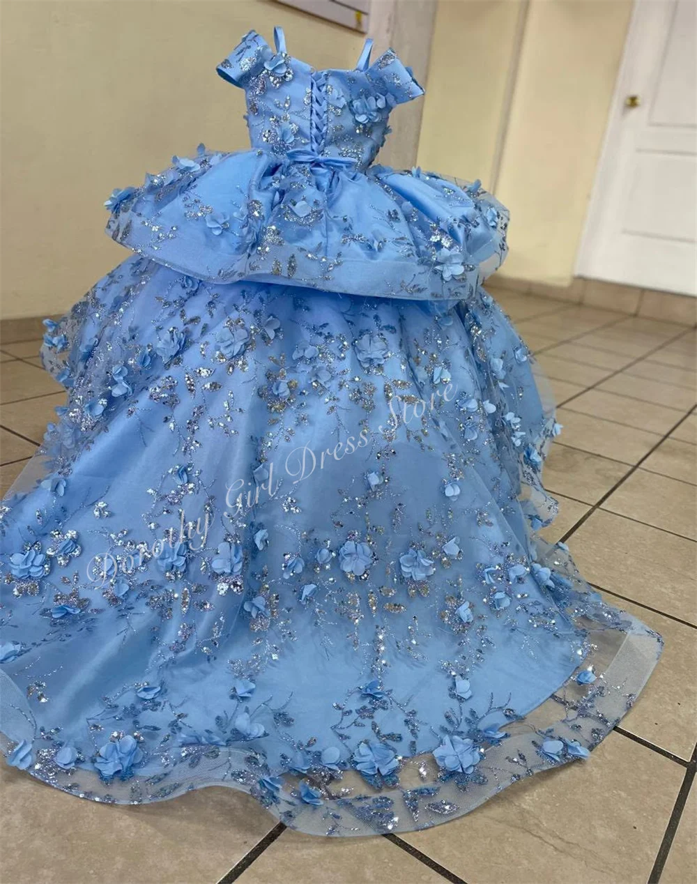 Sky Blue Children's Dress with Flowers and Sequin Embroidery for Girls' Beauty Contests Birthday Parties and Stage Performances