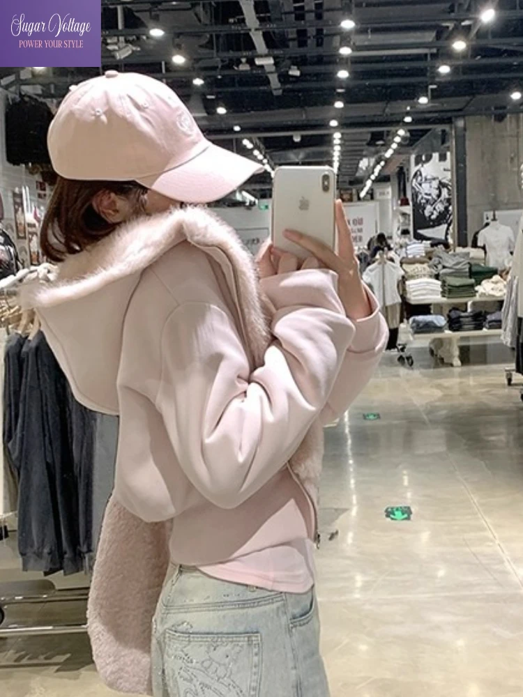 Fuzzy Reversible Hooded Jacket Women Autumn Winter Thick Warm Coat Plush Casual Loose Fit Sweet Streetwear Outerwear Fashion