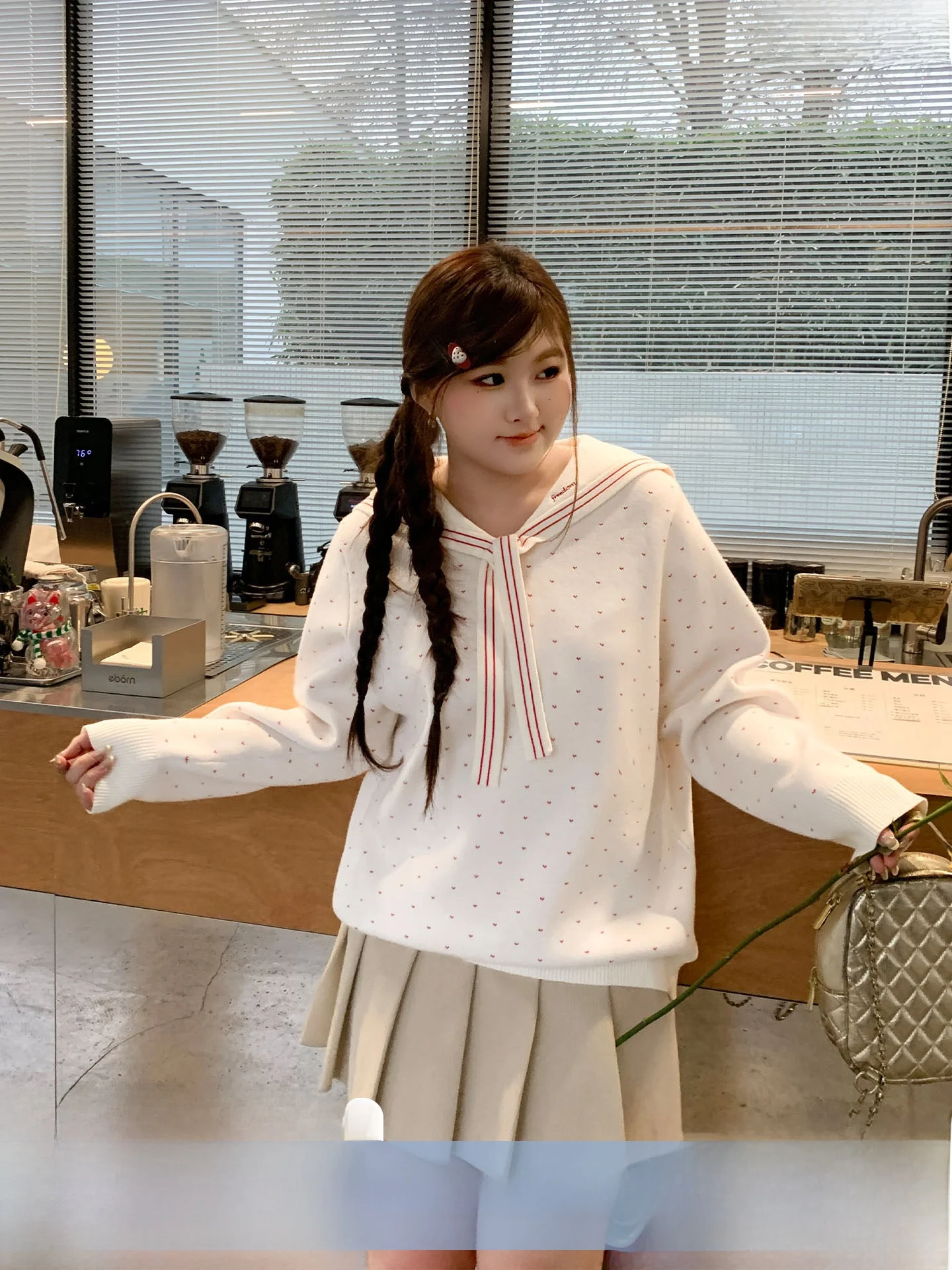 

YUZI Sweet Heart Navy Collar Polka Dot Knitted Sweater Belted Long Sleeve Inner Wear Top Anti-Aging plus Size Women's Fashion