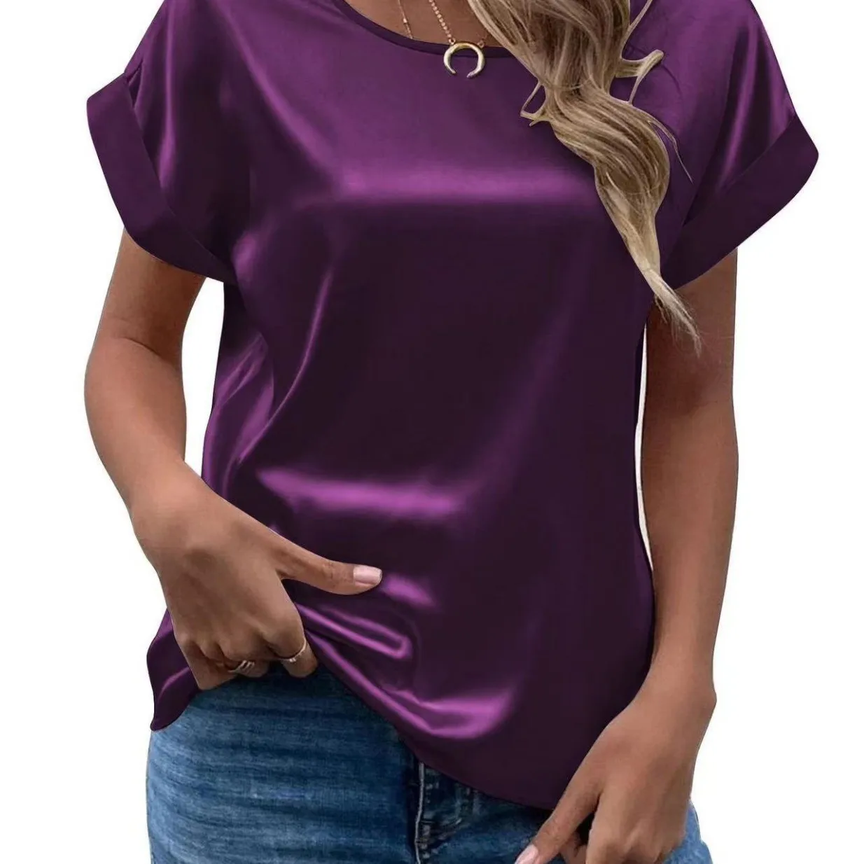 Women's And Women Summer Loose Fit Round Neck Short Sleeve Pullover Satin Solid Color Elegant Blouse Blusas Para Mujer Womens 3