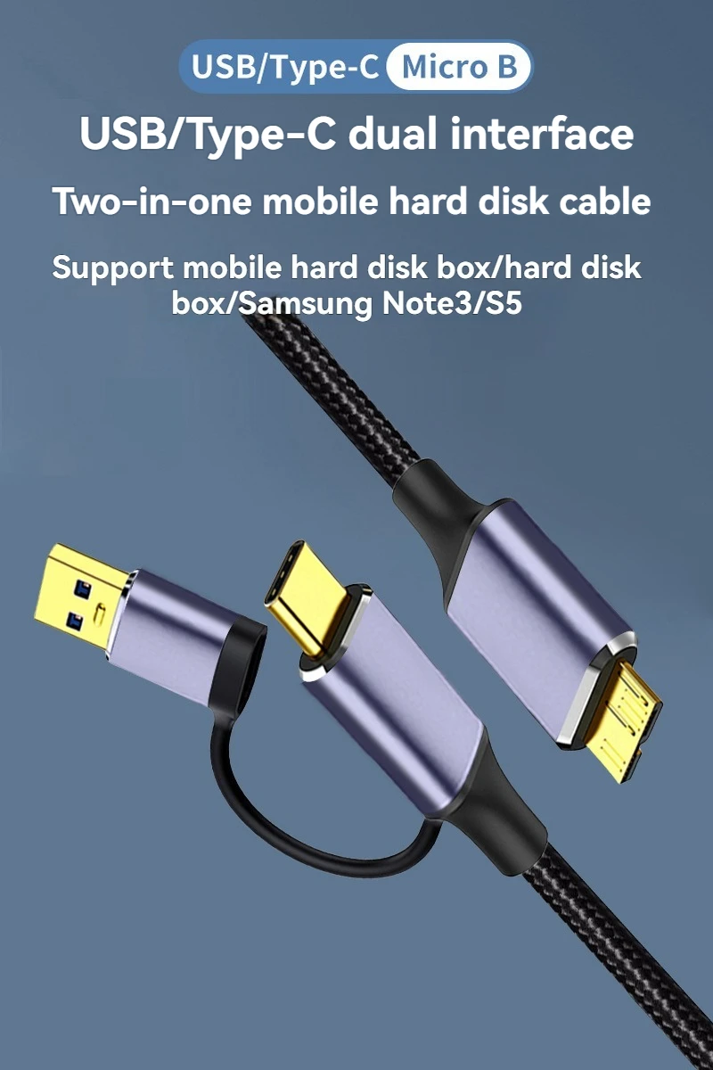 Gelbes Typ-C-USB 3.0 Typ A auf Micro-B-Kabel, Datenkabel für externe Festplatte, 2-in-1-Aufladung für Samsung Note 3 S5 – Detail 1