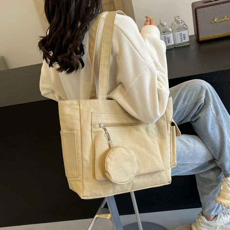 حقيبة حمل قماشية ذات سعة كبيرة للعمل والتنقل على طراز الكلية وحقيبة كتف للكتب مع محفظة مستديرة #2